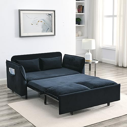 Velvet Upholstered Futon Loveseat Sofa Convertible to Sleeper Sofá Bed,Love Seat Chaise Lounge Couch Chair 2 Seaters with Detachable Arm Pockets&Pillows for Living Room Apartment Small Space