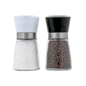 kamenstein top manual grinders, adjustable grind filled with sea salt and black peppercorns, black and white, set of 2