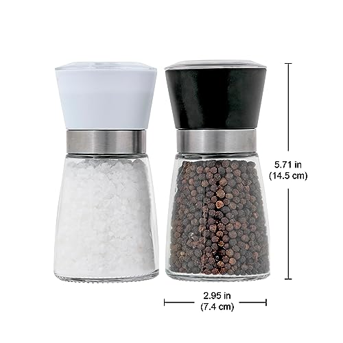 Kamenstein Top Manual Grinders, Adjustable Grind Filled with Sea Salt and Black Peppercorns, Black and White, Set Of 2