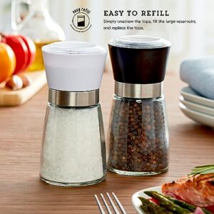 Kamenstein Top Manual Grinders, Adjustable Grind Filled with Sea Salt and Black Peppercorns, Black and White, Set Of 2