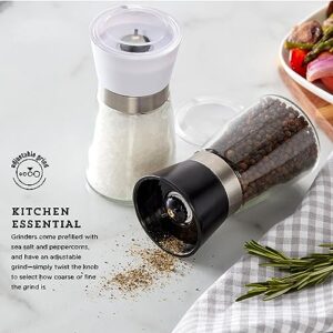 Kamenstein Top Manual Grinders, Adjustable Grind Filled with Sea Salt and Black Peppercorns, Black and White, Set Of 2