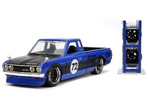 1972 datsun 620 pickup truck #72 blue metallic with black stripes and hood toyo tires with extra wheels just trucks series 1/24 diecast model car by jada 34193