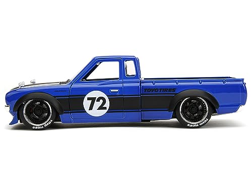 1972 Datsun 620 Pickup Truck #72 Blue Metallic with Black Stripes and Hood Toyo Tires with Extra Wheels Just Trucks Series 1/24 Diecast Model Car by Jada 34193