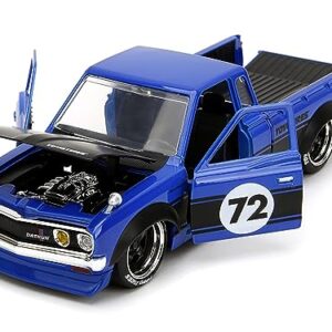 1972 Datsun 620 Pickup Truck #72 Blue Metallic with Black Stripes and Hood Toyo Tires with Extra Wheels Just Trucks Series 1/24 Diecast Model Car by Jada 34193