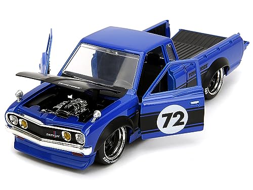 1972 Datsun 620 Pickup Truck #72 Blue Metallic with Black Stripes and Hood Toyo Tires with Extra Wheels Just Trucks Series 1/24 Diecast Model Car by Jada 34193