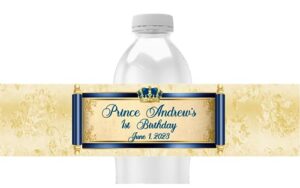 prince water bottle labels, personalized party favors, baby shower, pack of 25 peel and stick waterproof wrappers