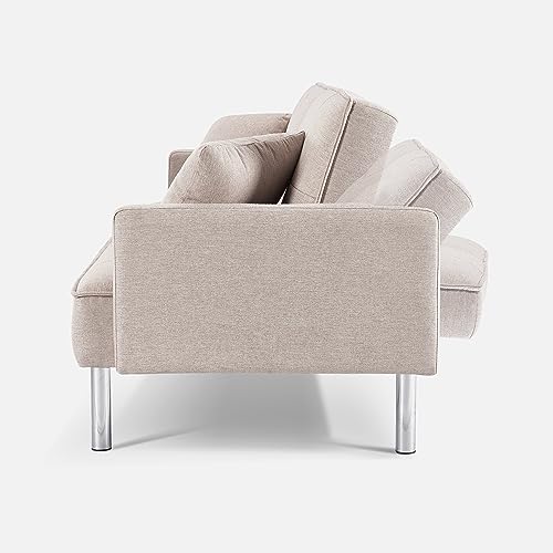 HomePop Upholstered Futon Bed with Chrome Legs, Modern Sofa Couches for Living Room, Small Spaces, Dorm, Apartment Sofabed, Standard, Beige