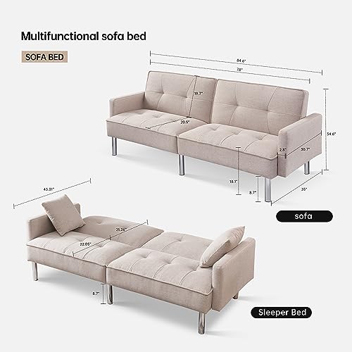 HomePop Upholstered Futon Bed with Chrome Legs, Modern Sofa Couches for Living Room, Small Spaces, Dorm, Apartment Sofabed, Standard, Beige