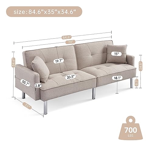 HomePop Upholstered Futon Bed with Chrome Legs, Modern Sofa Couches for Living Room, Small Spaces, Dorm, Apartment Sofabed, Standard, Beige