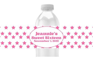 personalized water bottle labels, birthday party favors, pink star design, pack of 25 peel and stick waterproof wrappers