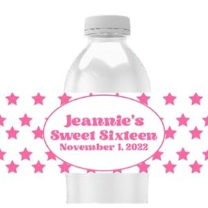 Personalized Water Bottle Labels, Birthday Party Favors, Pink Star Design, Pack of 25 Peel and Stick Waterproof Wrappers