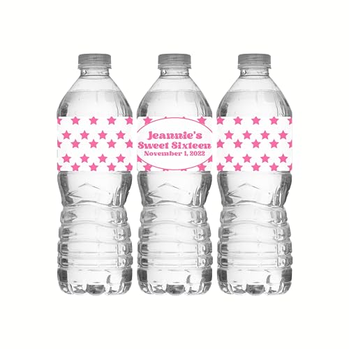 Personalized Water Bottle Labels, Birthday Party Favors, Pink Star Design, Pack of 25 Peel and Stick Waterproof Wrappers