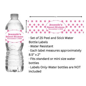 Personalized Water Bottle Labels, Birthday Party Favors, Pink Star Design, Pack of 25 Peel and Stick Waterproof Wrappers