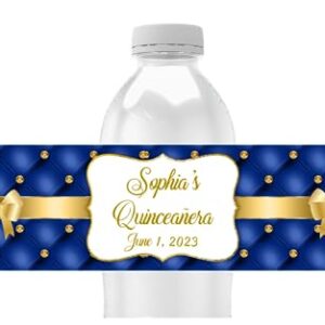 Personalized Water Bottle Labels, Birthday Party Favors, Pack of 25 Peel and Stick Waterproof Wrappers (Royal Blue)