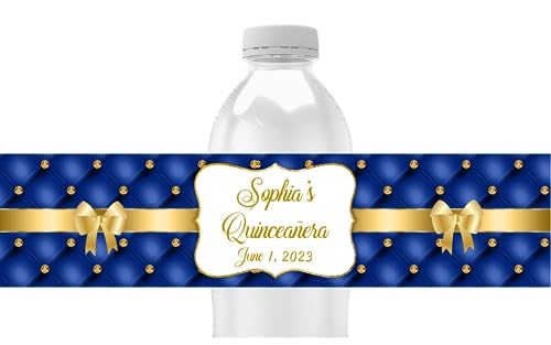 Personalized Water Bottle Labels, Birthday Party Favors, Pack of 25 Peel and Stick Waterproof Wrappers (Royal Blue)