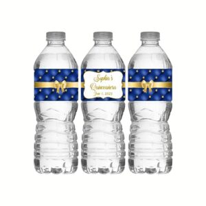 Personalized Water Bottle Labels, Birthday Party Favors, Pack of 25 Peel and Stick Waterproof Wrappers (Royal Blue)