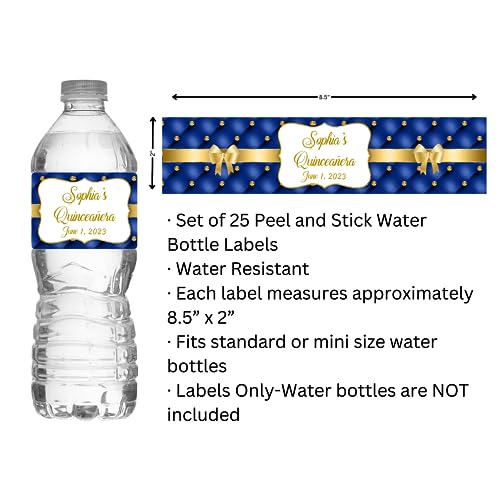Personalized Water Bottle Labels, Birthday Party Favors, Pack of 25 Peel and Stick Waterproof Wrappers (Royal Blue)