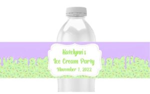 ice cream party, personalized water bottle labels, baby sprinkle favors, pack of 25 peel and stick waterproof wrappers (purple/green)