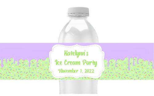 Ice Cream Party, Personalized Water Bottle Labels, Baby Sprinkle Favors, Pack of 25 Peel and Stick Waterproof Wrappers (Purple/Green)