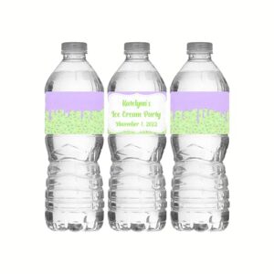 Ice Cream Party, Personalized Water Bottle Labels, Baby Sprinkle Favors, Pack of 25 Peel and Stick Waterproof Wrappers (Purple/Green)