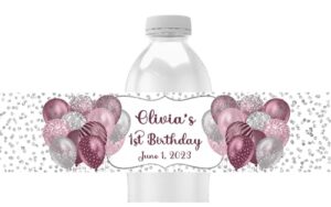 personalized water bottle labels, birthday party favors, balloon design, pack of 25 peel and stick waterproof wrappers
