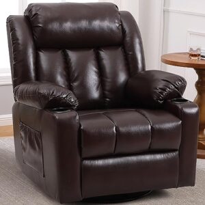 ketaiyou rocker recliner chair for adults, overstuffed large manual recliner swivel glider with massage and heat, upholstered breathing leather living room reclining sofa chair (brown)