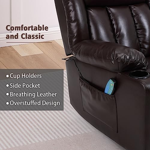 Ketaiyou Rocker Recliner Chair for Adults, Overstuffed Large Manual Recliner Swivel Glider with Massage and Heat, Upholstered Breathing Leather Living Room Reclining Sofa Chair (Brown)