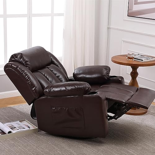 Ketaiyou Rocker Recliner Chair for Adults, Overstuffed Large Manual Recliner Swivel Glider with Massage and Heat, Upholstered Breathing Leather Living Room Reclining Sofa Chair (Brown)