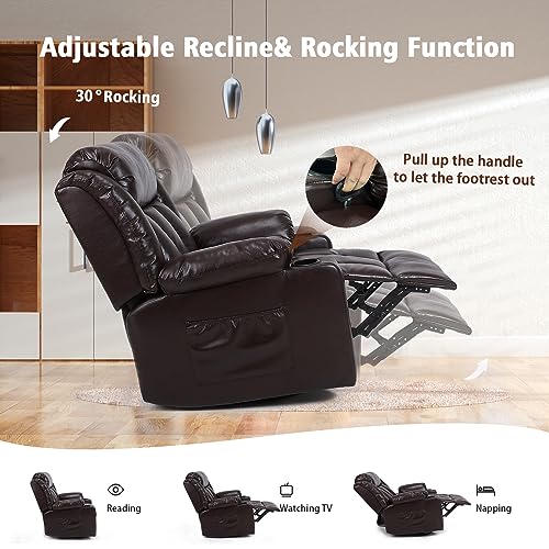 Ketaiyou Rocker Recliner Chair for Adults, Overstuffed Large Manual Recliner Swivel Glider with Massage and Heat, Upholstered Breathing Leather Living Room Reclining Sofa Chair (Brown)