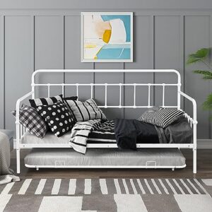 oudiec twin size metal daybed with trundle, sofa bed frame steel slat support for teenagers/adult bedroom, space saving design & no box spring needed, white