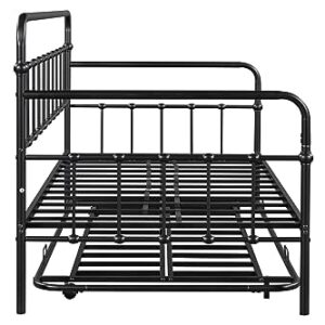 Oudiec Twin Size Metal Daybed with Trundle, Sofa Bed Frame Steel Slat Support for Teenagers/Adult Bedroom, Space Saving Design & No Box Spring Needed, Black