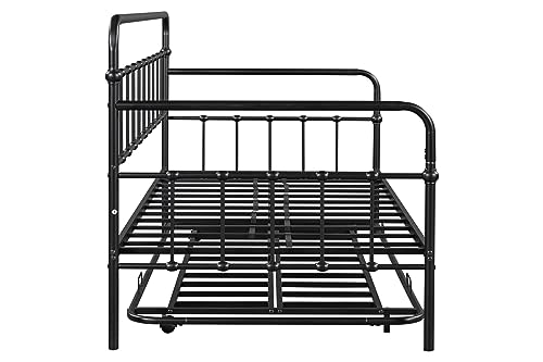 Oudiec Twin Size Metal Daybed with Trundle, Sofa Bed Frame Steel Slat Support for Teenagers/Adult Bedroom, Space Saving Design & No Box Spring Needed, Black