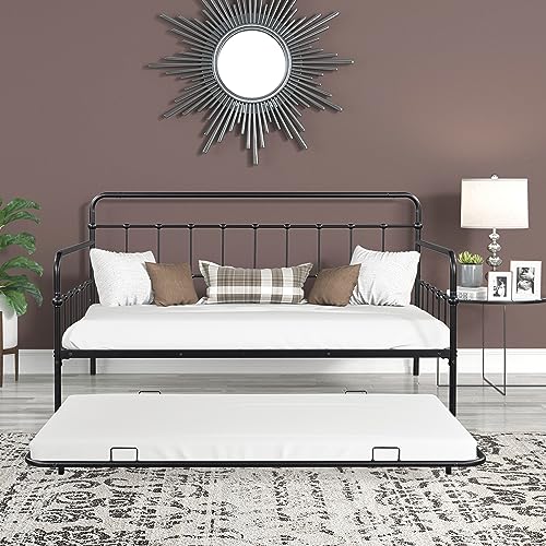 Oudiec Twin Size Metal Daybed with Trundle, Sofa Bed Frame Steel Slat Support for Teenagers/Adult Bedroom, Space Saving Design & No Box Spring Needed, Black