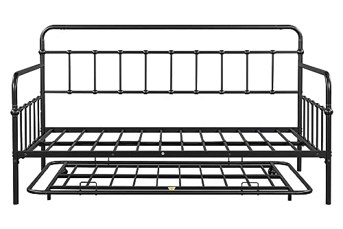 Oudiec Twin Size Metal Daybed with Trundle, Sofa Bed Frame Steel Slat Support for Teenagers/Adult Bedroom, Space Saving Design & No Box Spring Needed, Black