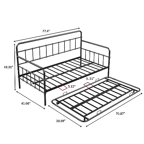 Oudiec Twin Size Metal Daybed with Trundle, Sofa Bed Frame Steel Slat Support for Teenagers/Adult Bedroom, Space Saving Design & No Box Spring Needed, Black