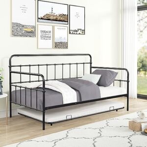 Oudiec Twin Size Metal Daybed with Trundle, Sofa Bed Frame Steel Slat Support for Teenagers/Adult Bedroom, Space Saving Design & No Box Spring Needed, Black