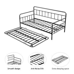 Oudiec Twin Size Metal Daybed with Trundle, Sofa Bed Frame Steel Slat Support for Teenagers/Adult Bedroom, Space Saving Design & No Box Spring Needed, Black