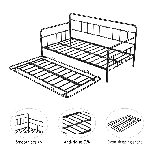 Oudiec Twin Size Metal Daybed with Trundle, Sofa Bed Frame Steel Slat Support for Teenagers/Adult Bedroom, Space Saving Design & No Box Spring Needed, Black