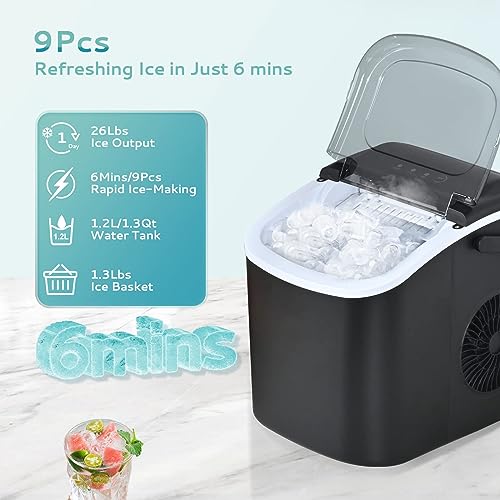 Inhdolnd 26Lbs/ 24H Self-Cleaning with Scoop Handel Portable Ice Maker Machine Countertop