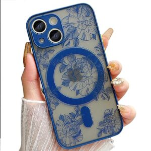 skyseaco for iphone 13 mini case compatible with magsafe for black frosted pc back protector flower shockproof purple floral blooms design protective women girls phone case - flower blooms/dark blue