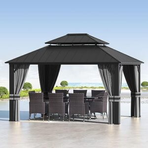 gotland 12' x 14' hardtop gazebo,outdoor galvanized steel metal double roof pergola with curtains and netting for patios, gardens, lawns(grey)