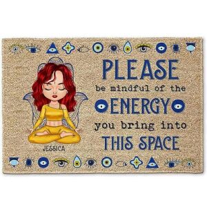 personalized please be mindful of the energy you bring into this space doormat yoga love doormat birthday, loving gift for yourself, birthday gift for women yoga lovers her on birthday christmas