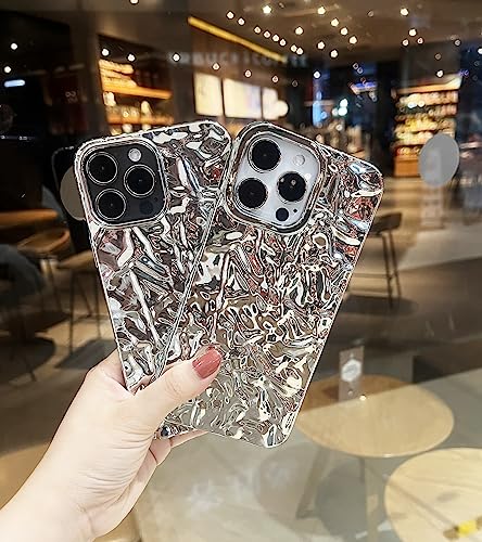 IAIYOXI Compatible with iPhone 13 Pro Max Glitter Case, Cute Fashion Bling Glitter Silver Tin Foil 3D Pleats Design for Women Girls with Soft Silicone, Shockproof Soft Case Cover for iPhone 14 Pro Max