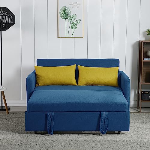 FIQHOME 55.5" USB Ports and Side Pockets,3 in 1 Multi-Functional Convertible Sleeper 2 Lumbar Pillows,Loveseat Sofa with Pull Out Bed,for Living Room, Apartment(Blue)