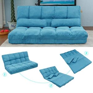 fiqhome adjustable, foldable lazy sleeper bed,double chaise lounge floor gaming sofa couch with two pillows for bedroom/living room/balcony (blue)