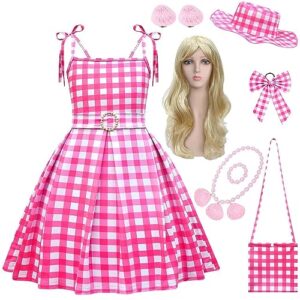 toddla kids pink gingham dress costume girls margot robbie 2023 movie dress sleeveless flutter skirt (140, pink 16)