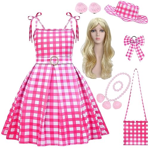 TODDLA Kids Pink Gingham Dress Costume Girls Margot Robbie 2023 Movie Dress Sleeveless Flutter Skirt (140, Pink 16)