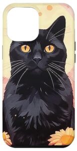 iphone 14 pro max black cat hidding in cosmo flowers case