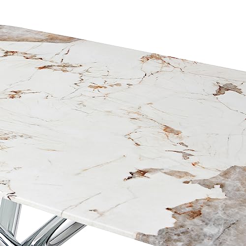 Ginxesh Faux Marble Dining Table for 6-8,71'' Large White Imitation Marble Dining Table with Double Sliver Metal Bases and Oval Corner,Modern Glass Table for Dining Room,Living Room,Kitchen,Office