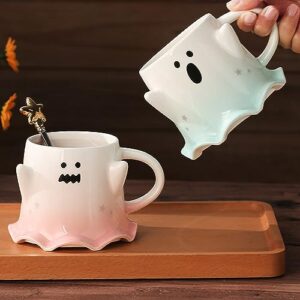 IVYDREVER Pumpkin Mug,Halloween Coffee Cups,Ceramic Coffee Mug, Cute Ghost Coffee Mug with Witch Hat Lid,Pumpkin Mug Ceramic Coffee Mugs and Tea Mug (Elf-Green+Pink)